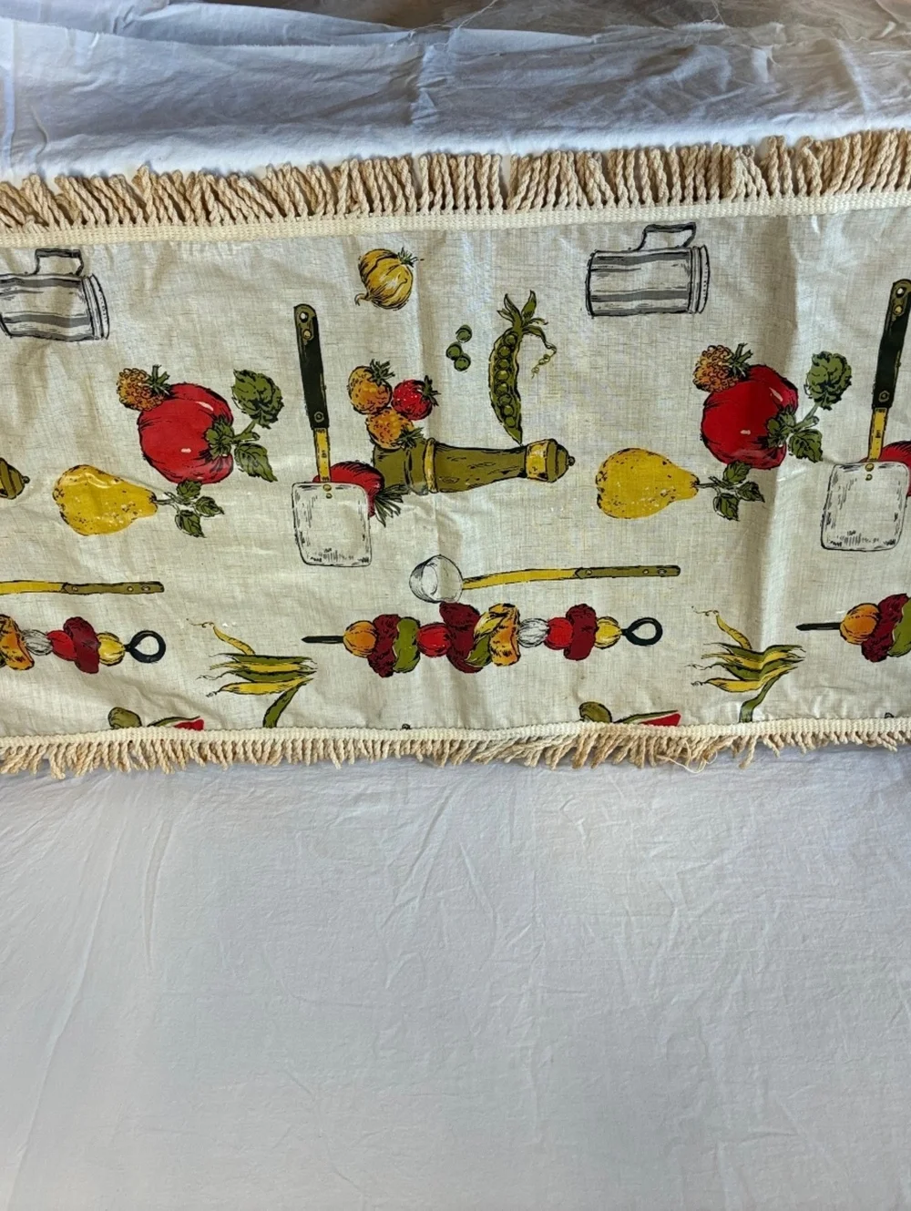 Vintage Reversible Table Runner with Red Gingham and Vegetable Print, Fringed